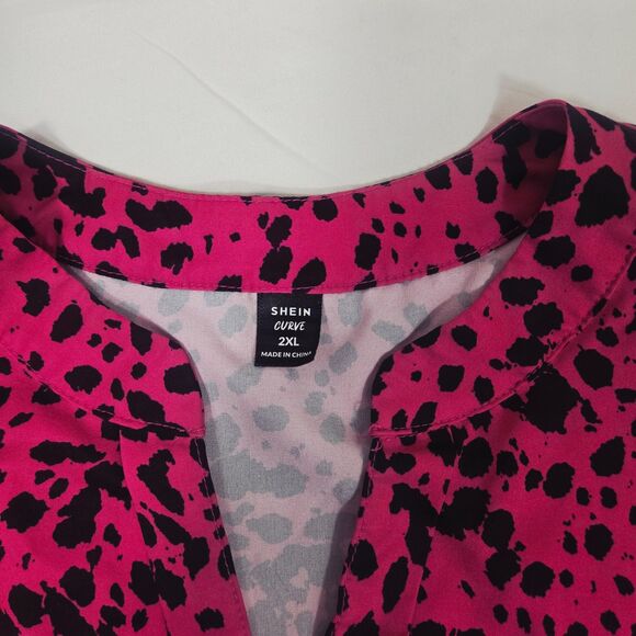 Shein Curve 2XL Pink & Black Cheetah Print V Neck Smocked Puff Sleeve - Picture 3 of 9